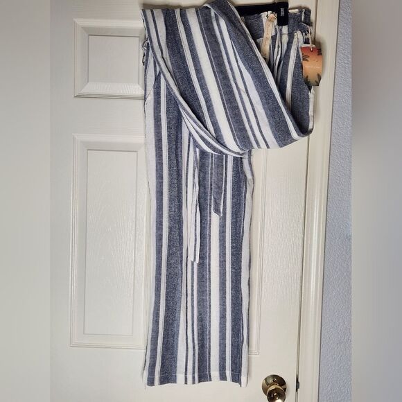NWT April Kiss XL Striped White Gray Pockets LINEN Blend Wide Legs Women’s Pants - Picture 5 of 10
